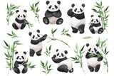 Fototapeta Dziecięca - Set of panda in different poses watercolor with green bamboo leaves