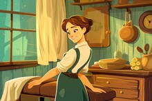 Woman Standing In Kitchen Next To Dresser