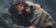Two Homeless Men Share an Embrace in the Rain