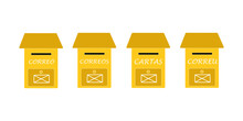 A Set Of Mailboxes With A Compartment For Newspapers And Letters. Yellow Mailboxes With An Envelope Sign And The Inscriptions "Mail" And "Letters" In Spanish And Catalan. Vector Illustration