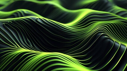 Abstract realistic 3d texture in the form of light green wave layers on black background. Dynamic abstract lines, suitable as wallpaper and background. Created with Generative AI.