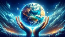 The image depicts a pair of hands lifting a glowing Earth against a backdrop of a vibrant, celestial scene with birds, clouds, and a multitude of small figures in silhouette.

