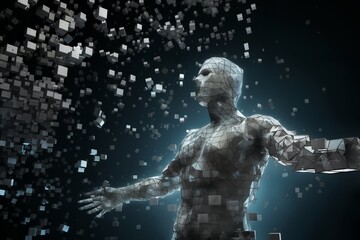 Wall Mural - a robot with human body made of disintegrating squares and cubes, standing in front of a digital background with abstract particles in space, cybernetics, computer rendering