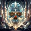 mystery crystal quartz skull of energy around golden lightning background in ancient temple. fantasy spiritual concept. Ai generated
