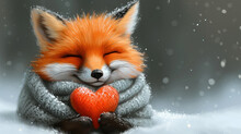 A Painting Of A Red Fox Holding A Heart In The Snow With It's Face Covered In A Blanket.