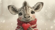 A Zebra Wearing A Scarf And Holding A Heart In It's Paws In Front Of A Snow Covered Background.