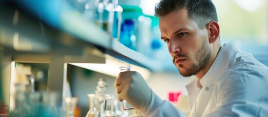 Wall Mural - confident scientist in white lab coat holding a smoking pipe while analyzing data in the laboratory