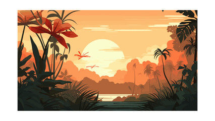 Wall Mural - Beautiful view of the jungle. Vector illustration in cartoon style