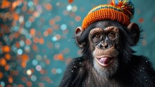 A Close Up Of A Monkey Wearing A Knitted Hat And Making A Funny Face With It's Tongue Out.