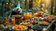 a table topped with lots of plates of food and a panda bear sitting on top of one of the plates.