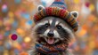 a raccoon wearing a knitted hat with a scarf around it's neck and a scarf around its neck.