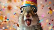 a close up of a squirrel wearing a party hat with confetti on it's head and mouth.
