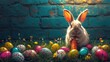 a rabbit is sitting in the grass with a carrot in front of a brick wall with painted eggs around it.
