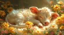 A Painting Of A Baby Sheep Laying In A Field Of Flowers With Its Eyes Closed And It's Head Resting On A Pillow.