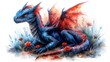 a watercolor painting of a blue and red dragon laying on a patch of grass with flowers in the foreground.