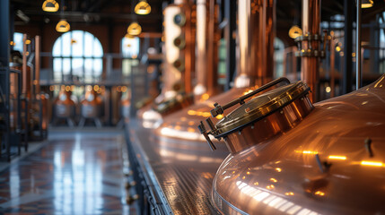 Wall Mural - Copper containers and pipes in a beer, brandy, whiskey factory with copper pipes