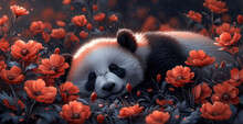 A Black And White Panda Laying In A Field Of Red And White Flowers With His Head Resting On The Ground.