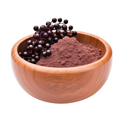 Wall Mural - pile of finely dry organic fresh raw elderberry fruit powder in wooden bowl png isolated on white background. bright colored of herbal, spice or seasoning recipes clipping path. selective focus