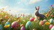 Rabbit Sitting in Field of Flowers and Eggs