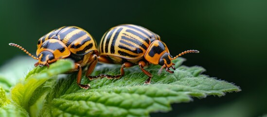 Canvas Print - Two vibrant yellow and black beetles crawling on a lush green leaf in the sunlight