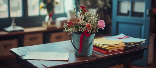 Wall Mural - A beautiful vase of fresh flowers on a rustic table with an open book and a stylish pen, elegant home decor concept