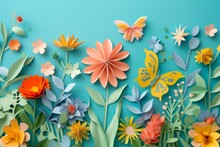Colorful Paper Flowers And Butterflies On A Blue Background