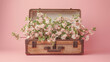 © Popovo - An open old retro suitcase sits on a gentle pink background in a studio, containing fresh spring flowers, in the spirit of spring awakening, travel, with warm and cheerful colors.