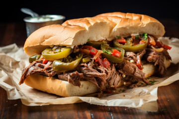 Italian beef sandwich on a wooden board for lunch