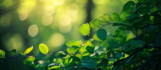 Poster - Beautiful green leaves bathed in warm sunlight in a lush natural environment