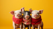 .Several Adorable Little Piglets Stand With Red Scarves, Happy And Smiling, In Front Of A Yellow Monochrome Background, In The Style Of Funny And Irresistible Pets.
