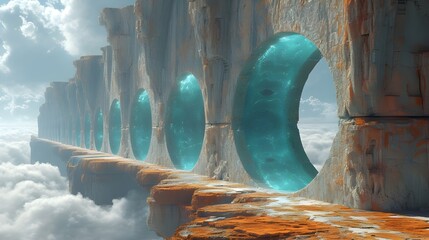 Futuristic object in fantasy style. Partially destroyed bridge with bright cells. A fabulous destroyed stone object in the clouds. Part of a collapsed building in a celestial environment.