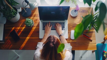 Poster - Businesswoman typing on laptop at workplace Woman working in home office hand keyboard