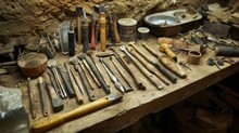 A Collection Of Tools And Equipment Used By Amateur Paleontologists Including Chisels Brushes And Measuring Tools Sit Neatly Organized On A Workbench At A Dig Site.