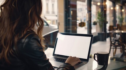 Poster - Mockup image of business woman using and typing on laptop with blank white screen and coffee cup on glass table in modern loft cafe