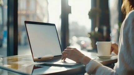 Poster - Mockup image of business woman using and typing on laptop with blank white screen and coffee cup on glass table in modern loft cafe
