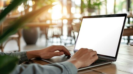 Poster - Mockup image of hands using laptop with blank white screen on vintage wooden table in cafe