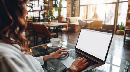 Poster - Mockup image of business woman using and typing on laptop with blank white screen and coffee cup on glass table in modern loft cafe