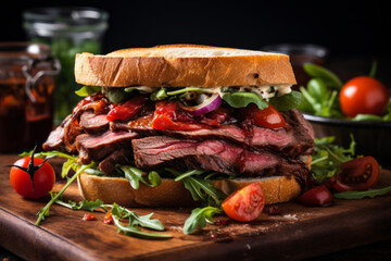 Wall Mural - Roast beef sandwich on a wooden board for lunch with tomatoes and greens