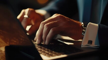 Poster - working on laptop, close up of hands of business man