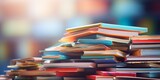 Stack of hardcover colorful and diffrent books on blurred background. World book day, International literacy day, concept of education and learning. Generative ai
