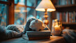 A cozy corner with a piggy bank on a stack of savings and investment books beside a warm lamp