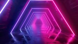 Fototapeta Przestrzenne - 3d render, abstract neon background, space tunnel turning to left, ultra violet rays, glowing lines, virtual reality jump, speed of light, space and time strings, highway night lights