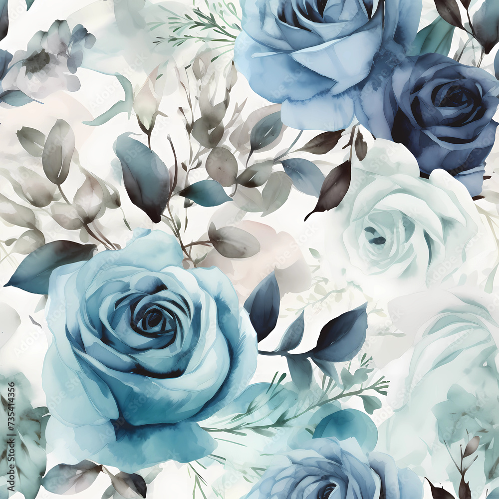Seamless floral pattern with watercolor blue roses and green leaves ...