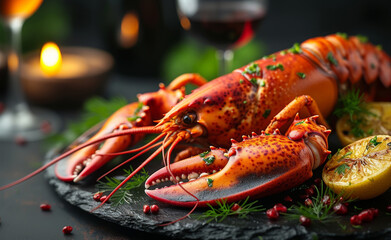Wall Mural - Lobster cooked on grill with lemon and herbs. Lobster accompanied by wine