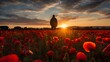 A serene sunrise over a field of poppies, with a lone soldier paying respects at a war memorial.