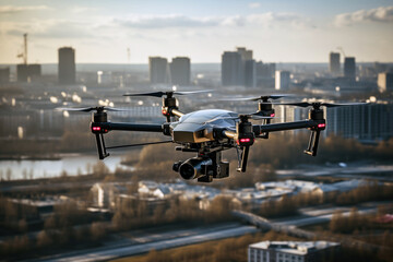 Wall Mural - Unmanned military drone flies in the sky over large city