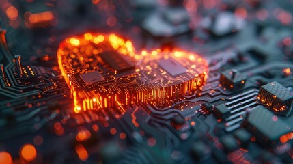 Poster - Heart shaped like a microchip. Technologies and life. AI generative.