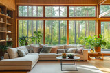 Fototapeta Miasto - Nordic or Scandinavian home interior design of modern living room in house in forest, with trees outside the windows