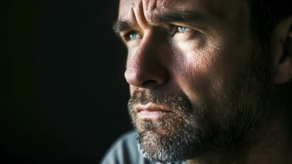 A man in his 40s with a tired and weary expression lost in thought as he reflects on the purpose of his life, Close Up of a Serious-Faced male