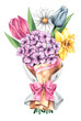 Watercolor spring bouquet with tulip, hydrangea, daffodil in paper packaging
